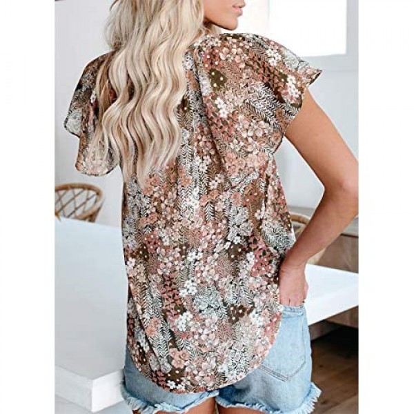 FARYSAYS Women's Casual Boho Floral Print V Neck Short Sleeve Shirts Tops Loose Blouses