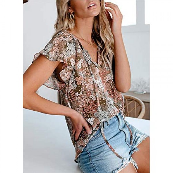FARYSAYS Women's Casual Boho Floral Print V Neck Short Sleeve Shirts Tops Loose Blouses