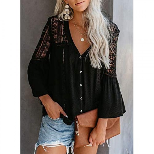 FARYSAYS Women's Lace Crochet V Neck Bell Sleeve Button Down Shirts Casual Loose Blouses Tops