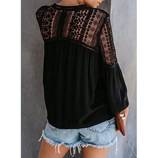 FARYSAYS Women's Lace Crochet V Neck Bell Sleeve Button Down Shirts Casual Loose Blouses Tops