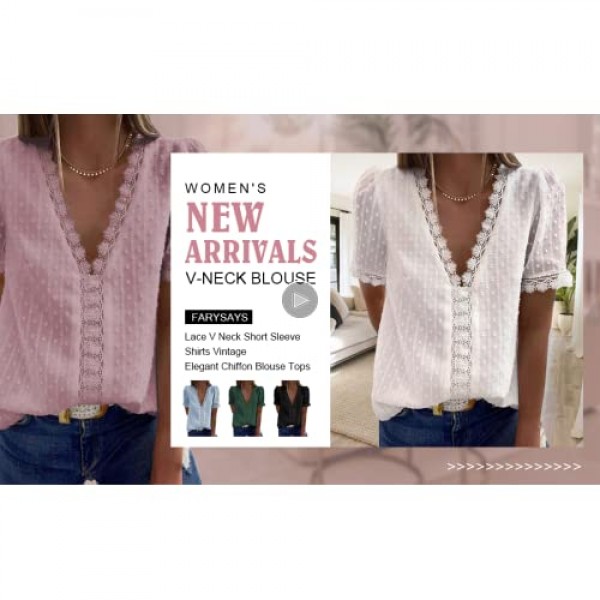 FARYSAYS Women's V Neck Short Sleeve Lace Shirts Blouses Vintage Elegant Tunic Tops