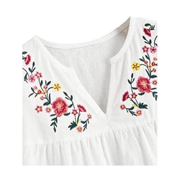 Floerns Women's Boho Embroidered Mexican Peasant Shirts Babydoll Tops Blouses
