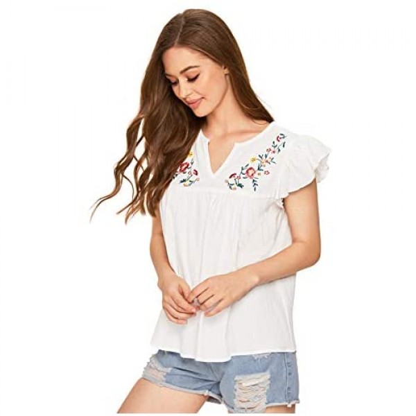 Floerns Women's Boho Embroidered Mexican Peasant Shirts Babydoll Tops Blouses