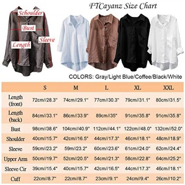 FTCayanz Women's Casual Linen Blouses Tops V Neck Long Sleeve Button Down Shirts