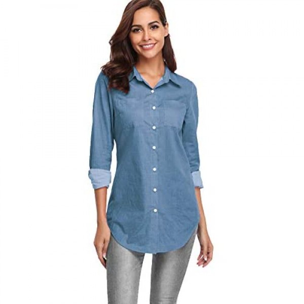 fuinloth Women's Chambray Button Down Shirt Long Sleeve Cotton Blouse Long Jeans Tunic Top