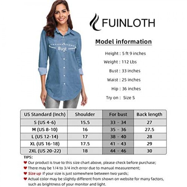 fuinloth Women's Chambray Button Down Shirt Long Sleeve Cotton Blouse Long Jeans Tunic Top