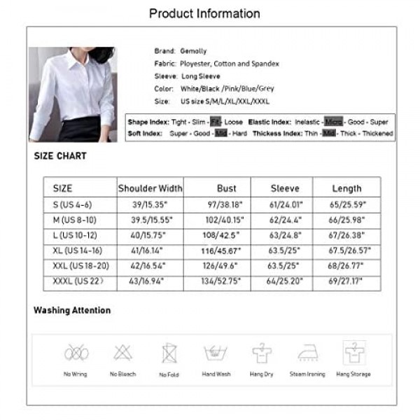 Gemolly Women's Basic Button Down Shirts Long Sleeve Plus Size Simple Stretch Formal Casual Shirt Blouse