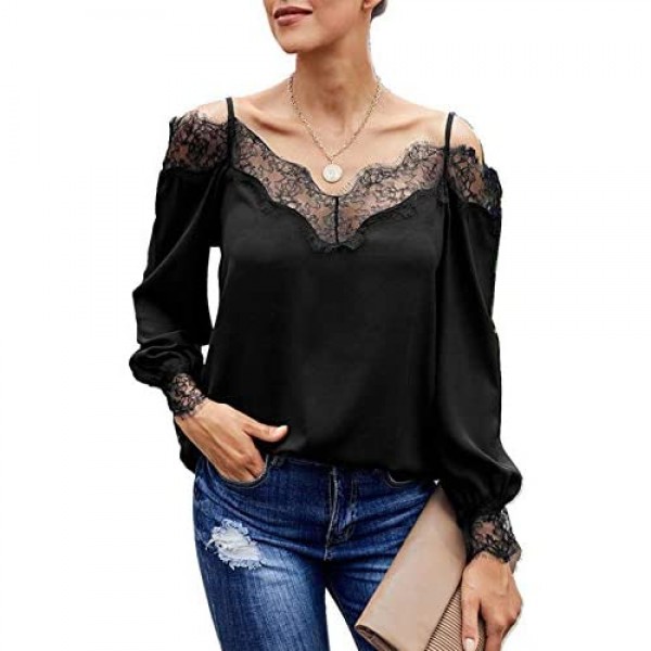 Happy Sailed Women Lace Off Shoulder Blouse V Neck Casual Tops Long Loose Sleeve Tunics Shirt