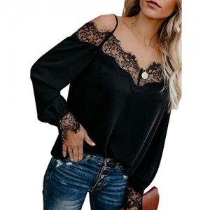 Happy Sailed Women Lace Off Shoulder Blouse V Neck Casual Tops Long Loose Sleeve Tunics Shirt