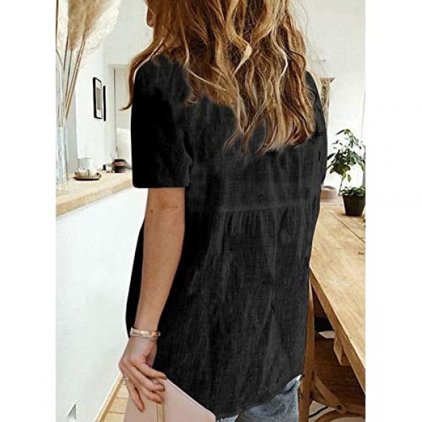 HOTAPEI Blouses for Women Casual V Neck Solid Color Short Cuffed Sleeve Tops