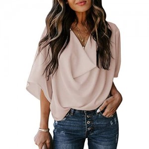 HOTAPEI Womens Blouses and Tops for Work Fashion 2020 Casual Summer Short Sleeve Wrap V Neck Draped Front Blouses