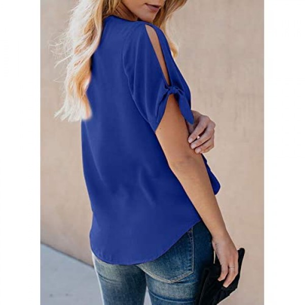 HOTAPEI Womens Casual Short Sleeve Tops Summer Wrap V Neck Chiffon Blouses Loose Fit Shirts