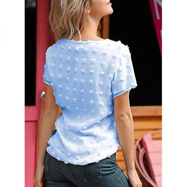 HOTAPEI Womens Chiffon Shirts Summer Casual Crewneck Short Sleeve Pom Pom Tops
