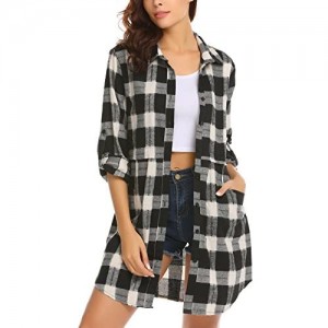 HOTOUCH Womens Flannel Plaid Shirts Roll Up Long Sleeve Pockets Mid-Long Casual Boyfriend Shirts