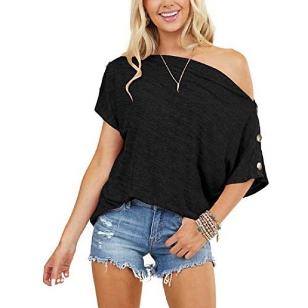 INFITTY Womens Off Shoulder Tops Casual Summer Loose Button Down Short Sleeve Shirt Tunic Blouse