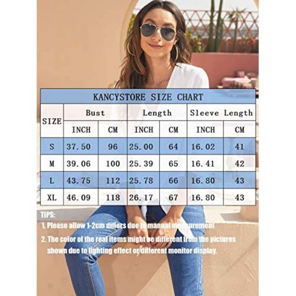 Kancystore Womens Button Down V Neck Tie Knot Front Tops 3/4 Sleeve Chiffon Casual Blouse Shirts
