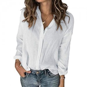 Karlywindow Womens Long Sleeve Button Down Cotton Linen Shirt Blouse Loose Fit Casual V-Neck Tops