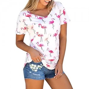Karuina Summer Women Cute Tops  Short Sleeve Shirts V Neck Blouses Flamingos Printed Tee for Women