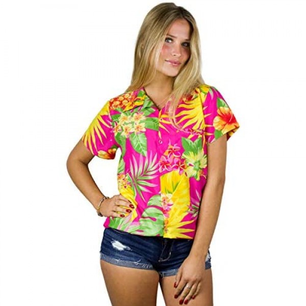 King Kameha Funky Hawaiian Shirt Blouse Women Shortsleeve Frontpocket Hawaiian-Print Leaves Flowers Pineapple