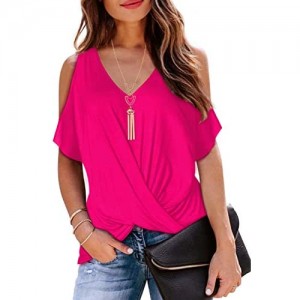 LEIYEE Womens Summer Cold Shoulder Tops Short Sleeve Front Twist Knot V Neck T Shirts Draped Blouses