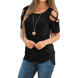 LIOFOER Womens Blouse Loose Strappy Short Sleeve Cold Shoulder Tops