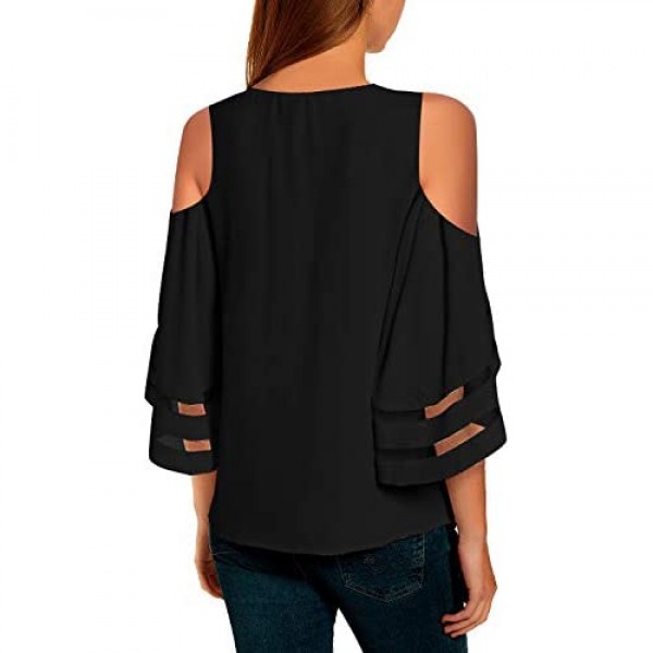 LookbookStore Women's Cold Shoulder Loose Shirt Tops 3/4 Bell Mesh Sleeve Blouse