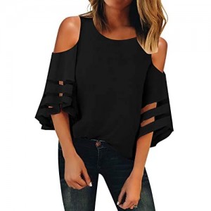 LookbookStore Women's Cold Shoulder Loose Shirt Tops 3/4 Bell Mesh Sleeve Blouse