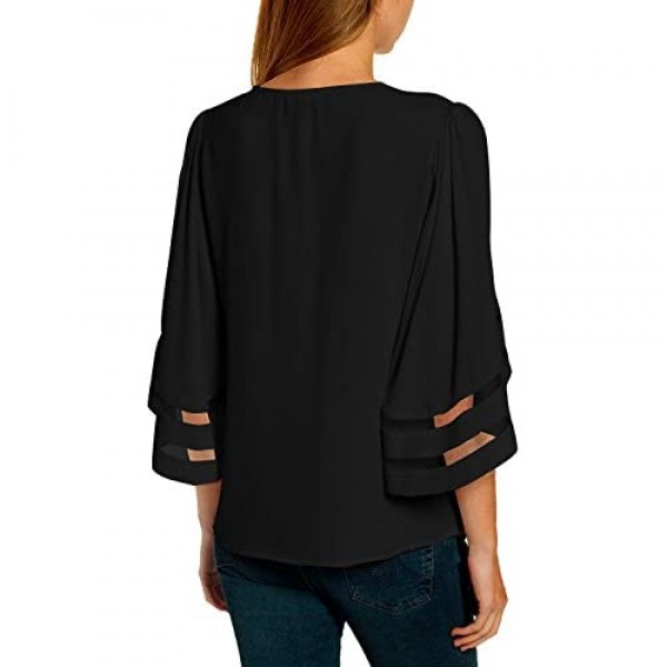 LookbookStore Women's V Neck Mesh Panel Blouse 3/4 Bell Sleeve Loose Top Shirt