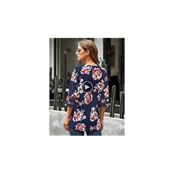 LookbookStore Women's V Neck Shirt Printed Top 3/4 Bell Sleeve Mesh Panel Blouse