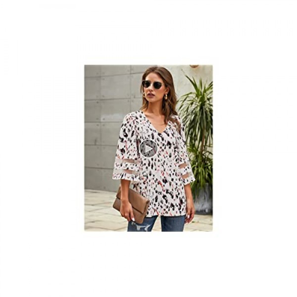 LookbookStore Women's V Neck Shirt Printed Top 3/4 Bell Sleeve Mesh Panel Blouse