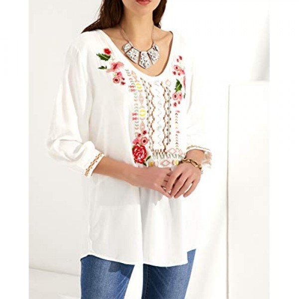 Mansy Womens Embroidered Tops 3/4 Sleeve Bohemian V Neck Loose Mexican Peasant Shirts Tunics Blouses