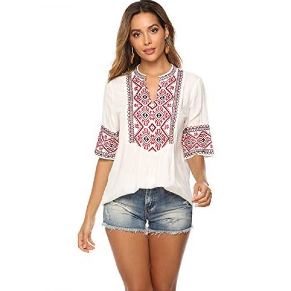 Mansy Women's Summer V Neck Boho Print Embroidered Shirts Short Sleeve Casual Tops Blouse