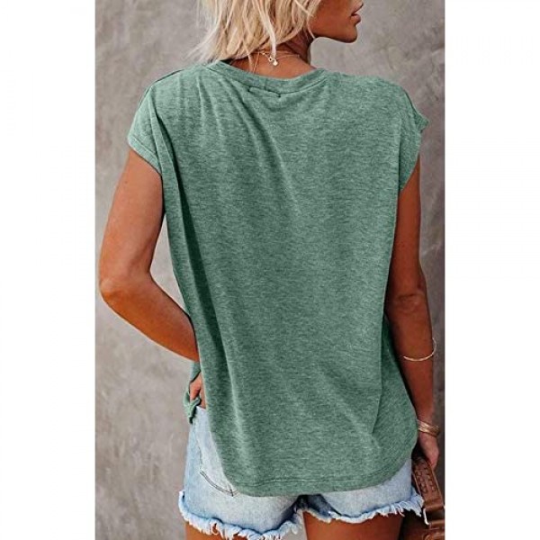 MEROKEETY Women's Casual Cap Sleeve T Shirts Basic Summer Tops Loose Solid Color Blouse with Pocket