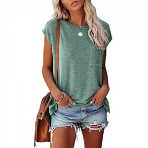 MEROKEETY Women's Casual Cap Sleeve T Shirts Basic Summer Tops Loose Solid Color Blouse with Pocket
