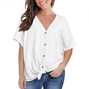 MIHOLL Womens Loose Blouse Short Sleeve V Neck Button Down T Shirts Tie Front Knot Casual Tops