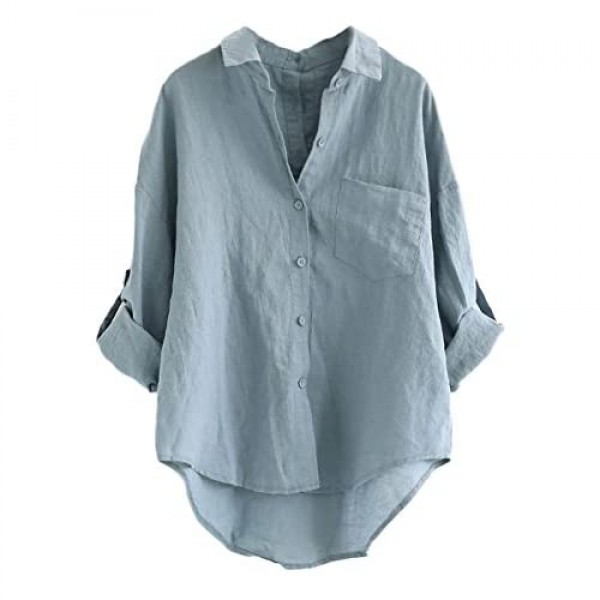 Minibee Women's Linen Blouse High Low Shirt Roll-Up Sleeve Tops