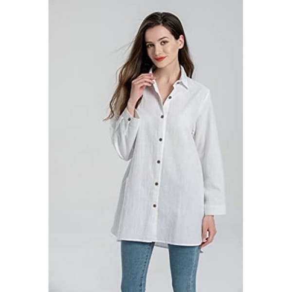 Minibee Women's Long Sleeve Shirts Button Down Blouse Plus Sizes Tunic High Low Tops