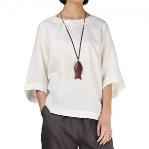 Minibee Women's Loose Cotton Linen Blouse Round Neck with Chinese Frog Button Tops