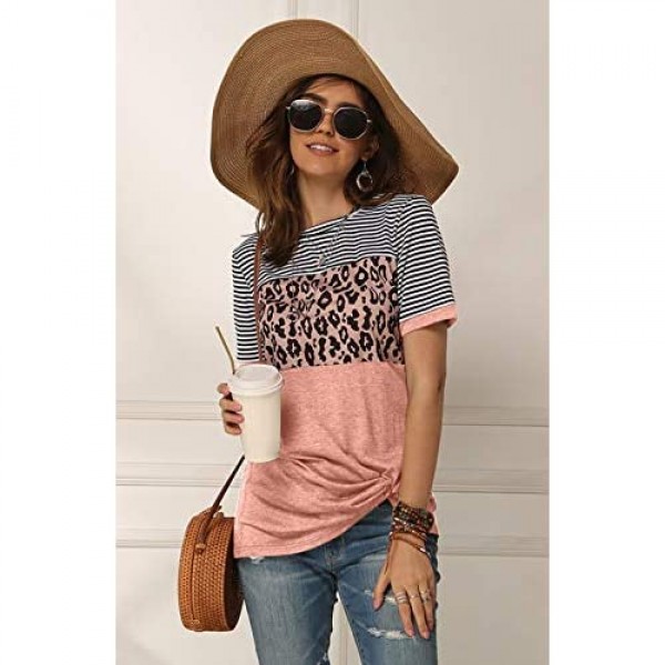Necooer Womens Casual Crewneck Twist Knot Blouse Short Sleeve Color Block Fashion Striped Tops Shirts Loose Fit
