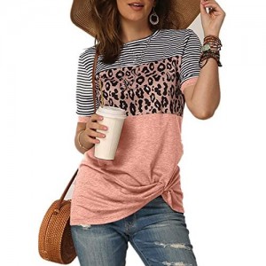 Necooer Womens Casual Crewneck Twist Knot Blouse Short Sleeve Color Block Fashion Striped Tops Shirts Loose Fit