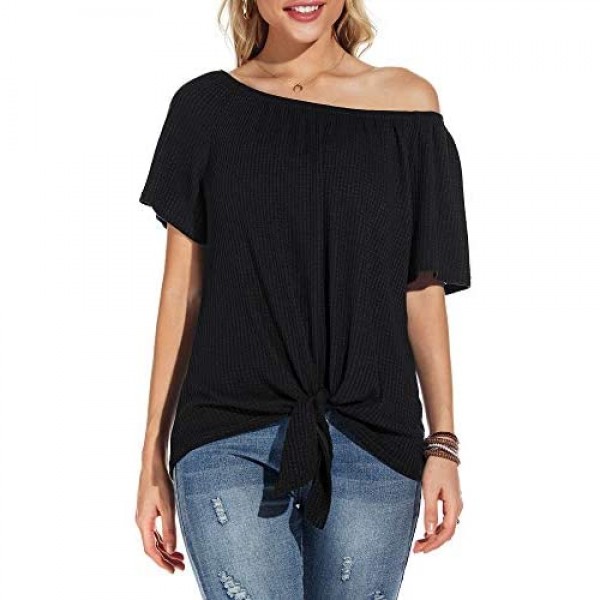 Neineiwu Womens Waffle Knit Off The Shoulder Tops Casual Short Sleeve Blouses Summer Tie Knot Loose T-Shirt
