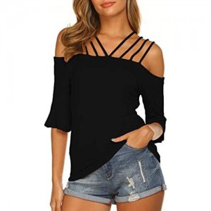 Newchoice Women's Casual Off The Shoulder Tops Straps Ruffle Sleeve Blouse Shirts