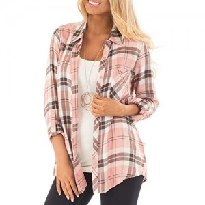 NUOREEL Womens Casual Plaid Soft Button Down Tops Roll Up Long Sleeve Cuffed Blouse Shirts