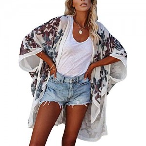 PRETTODAY Women's Summer Floral Print Kimonos Loose Half Sleeve Chiffon Cardigan Blouses Casual Cover Up