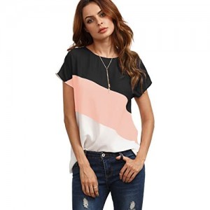 Romwe Women's Color Block Blouse Short Sleeve Casual Tee Shirts Tunic Tops