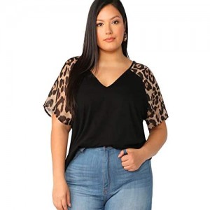 Romwe Women's Plus Size V-Neck Leopard Raglan Short Sleeve Blouse Casual Loose Shirt Tops Black-Blue