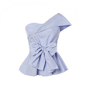 Romwe Women's Summer Slim Fit Striped Foldover One Shoulder Bow Tie Front Cap Sleeve Peplum Ruffle Tops Shirt Blouse Petite