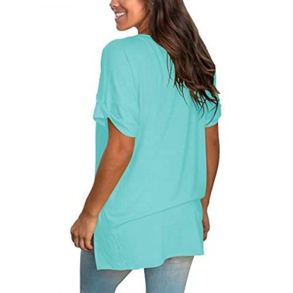 SAMPEEL Women's V Neck T Shirt Rolled Sleeve Side Split Tunic Tops