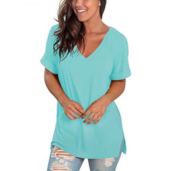 SAMPEEL Women's V Neck T Shirt Rolled Sleeve Side Split Tunic Tops