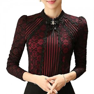 SansoiSan Women's Vintage Beaded Buttons Pleated Shirt Long Sleeve Lace Stretchy Blouse